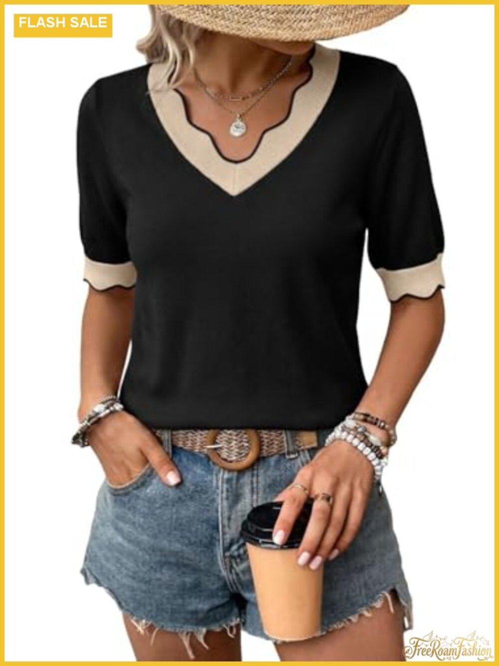 Dokotoo Womens V Neck Short Sleeve Sweater Scalloped Hem Knit Top